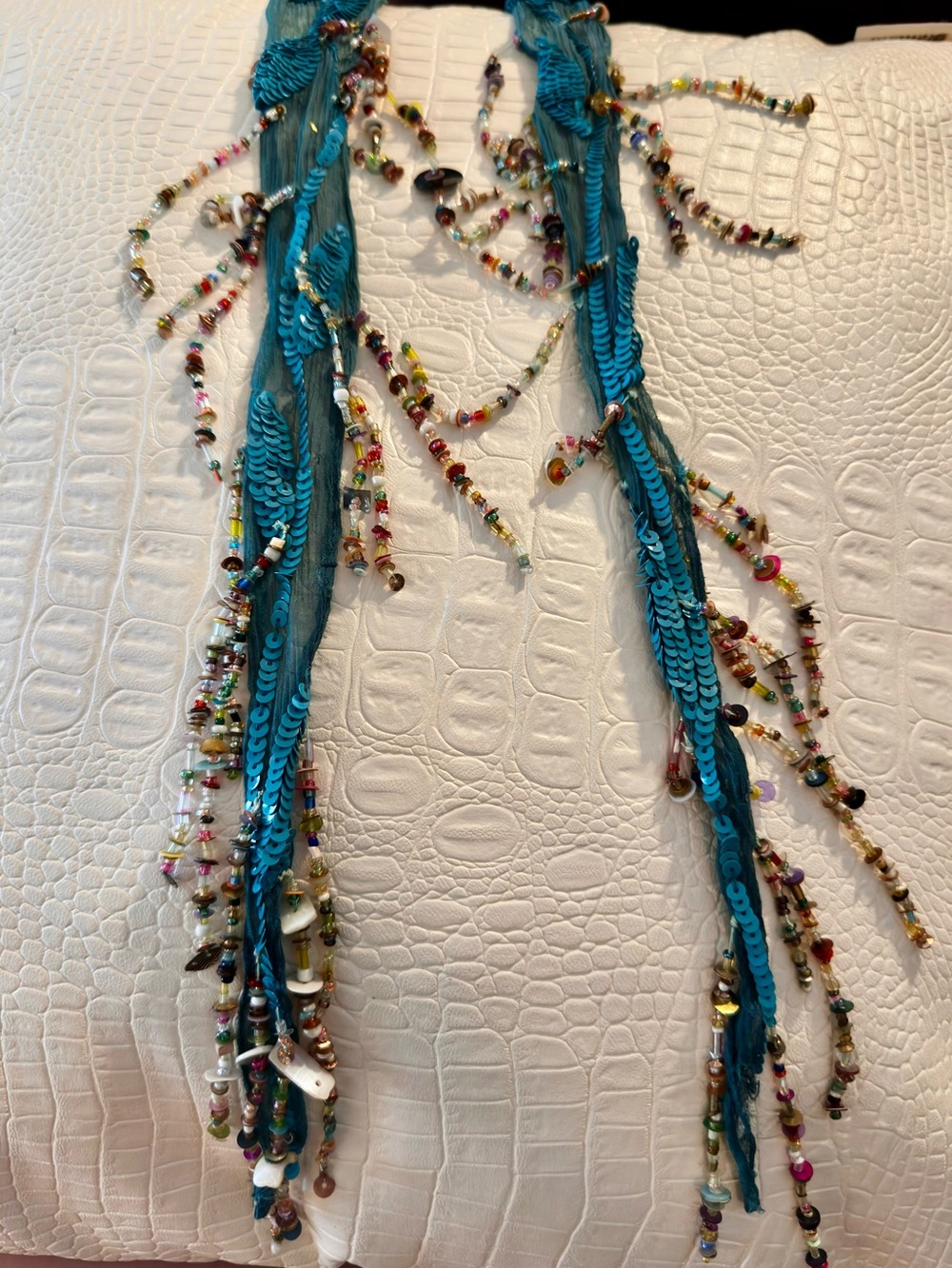 Vintage Chan Luu Silk Chiffon Skinny Scarf with Multifaceted Beads and Sequins - Picture 5 of 5